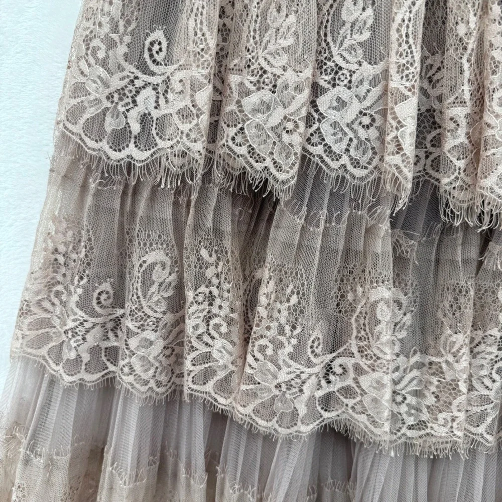 BooHoo Midi Long Sleeve Dress Tule Tiered Size 8‎ Tan Lace Sheer Romantic - Picture 5 of 13